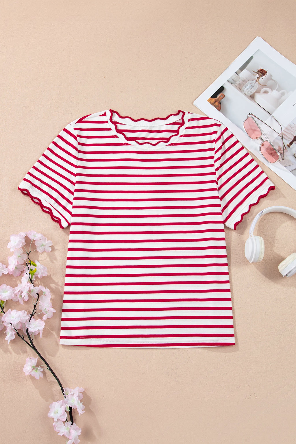 Red & white stripe scallop top