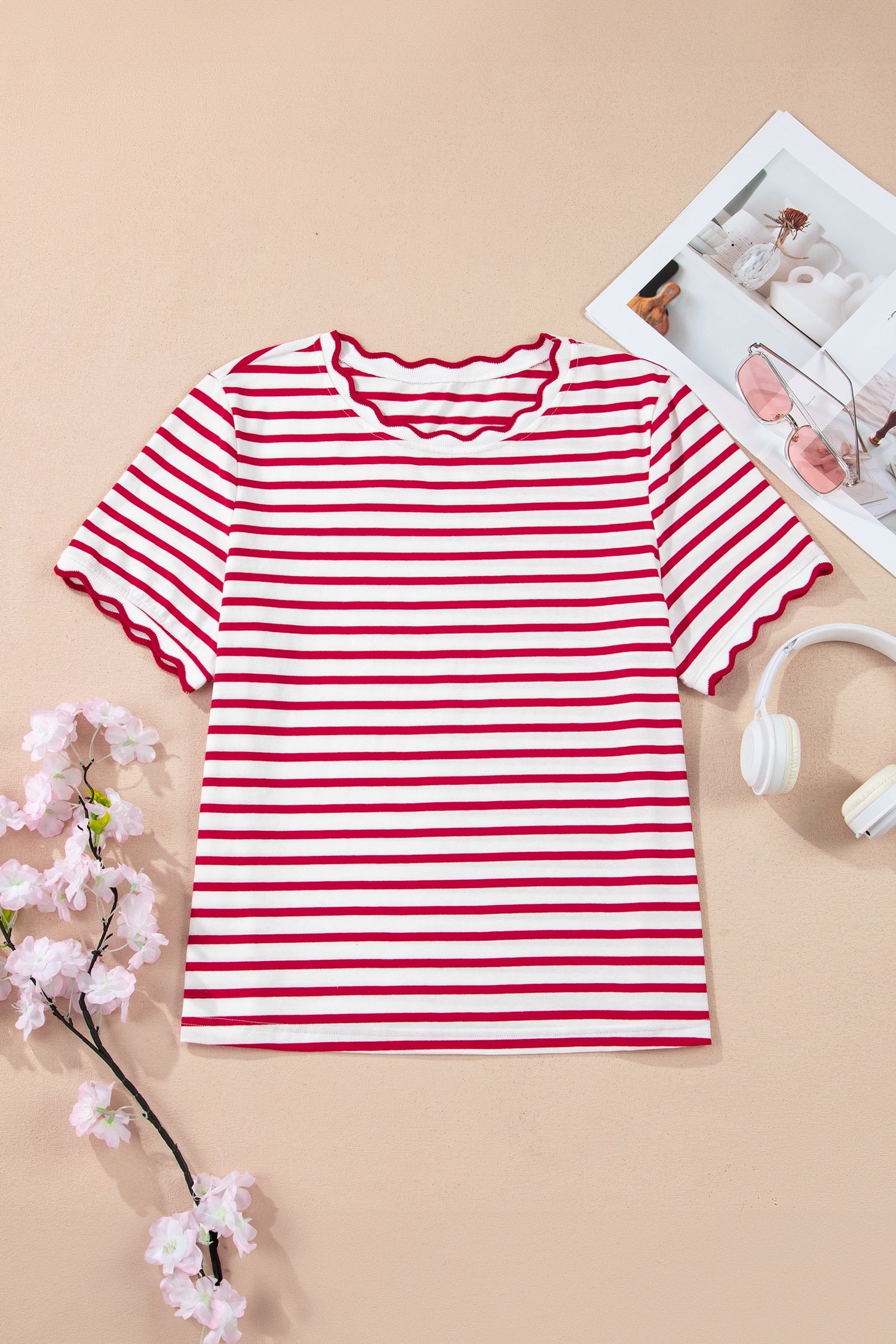 Red & white stripe scallop top