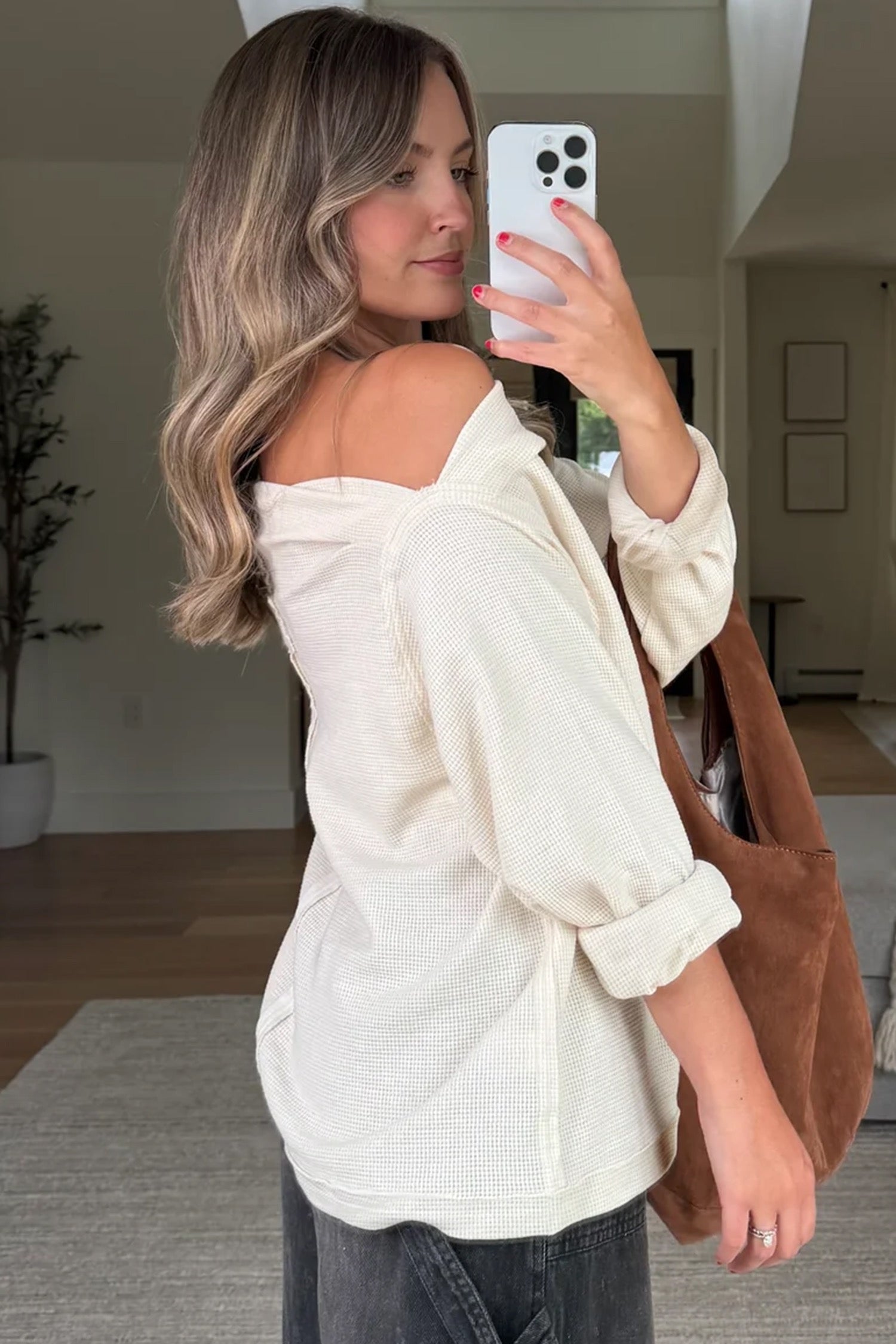 Waffle knit asymmetrical sweater