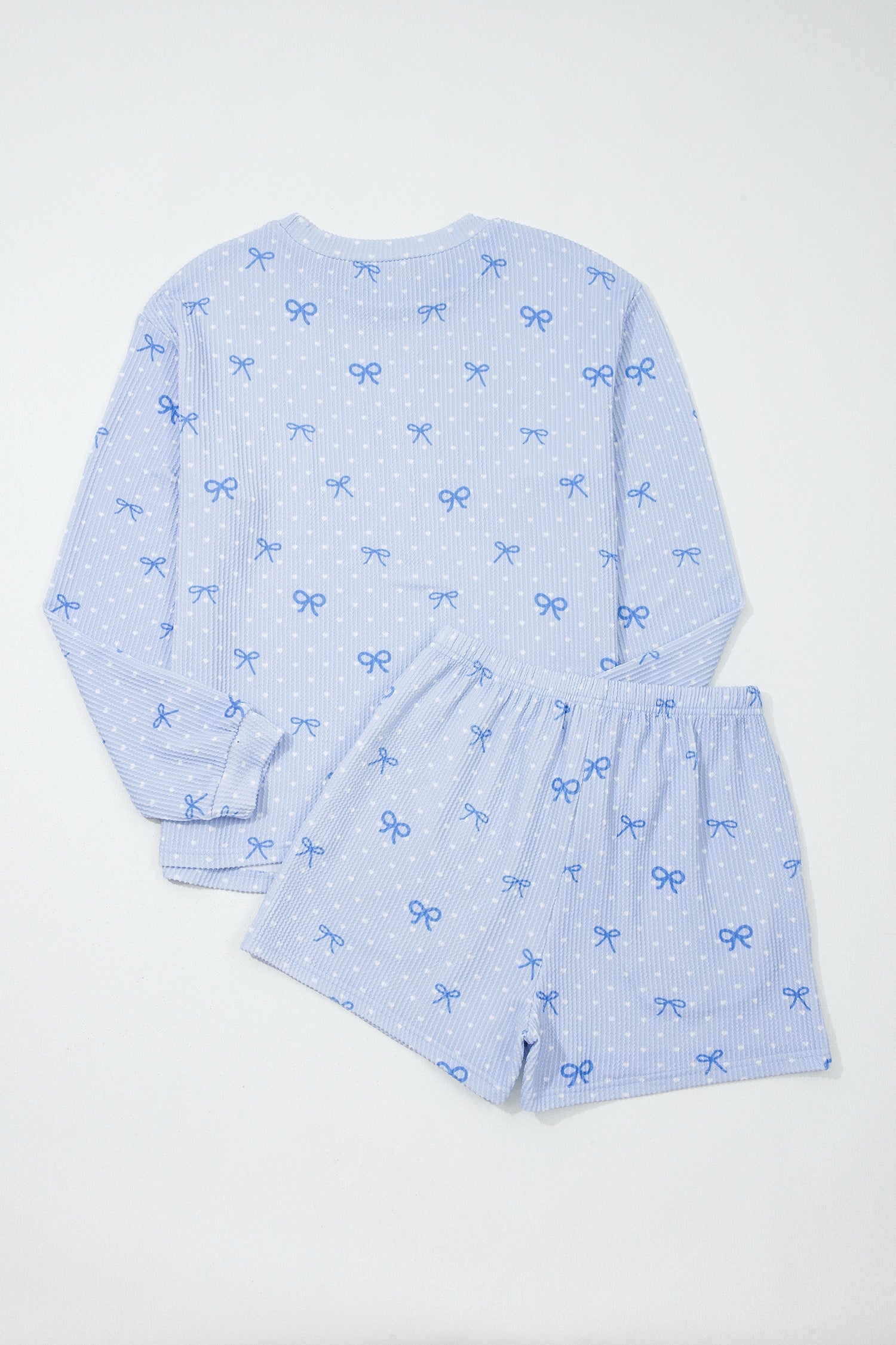 Blue ribbed bow shorts set