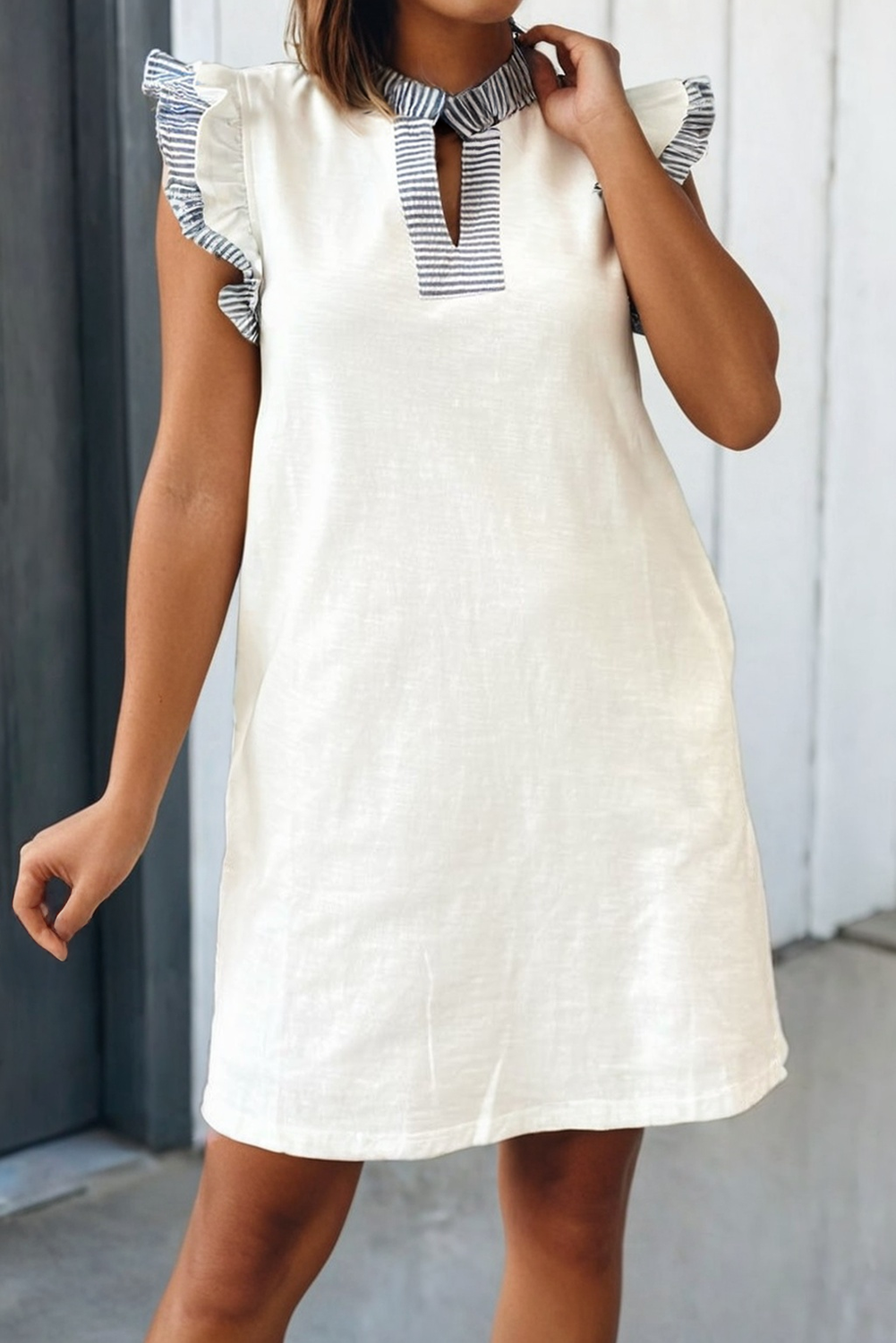 Striped Patchwork V Neck Ruffle Trim Dress