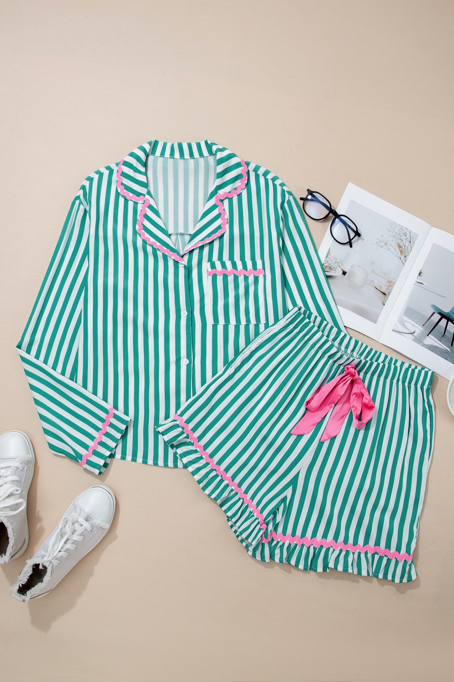 Pink & green stripe 2 piece pajama set