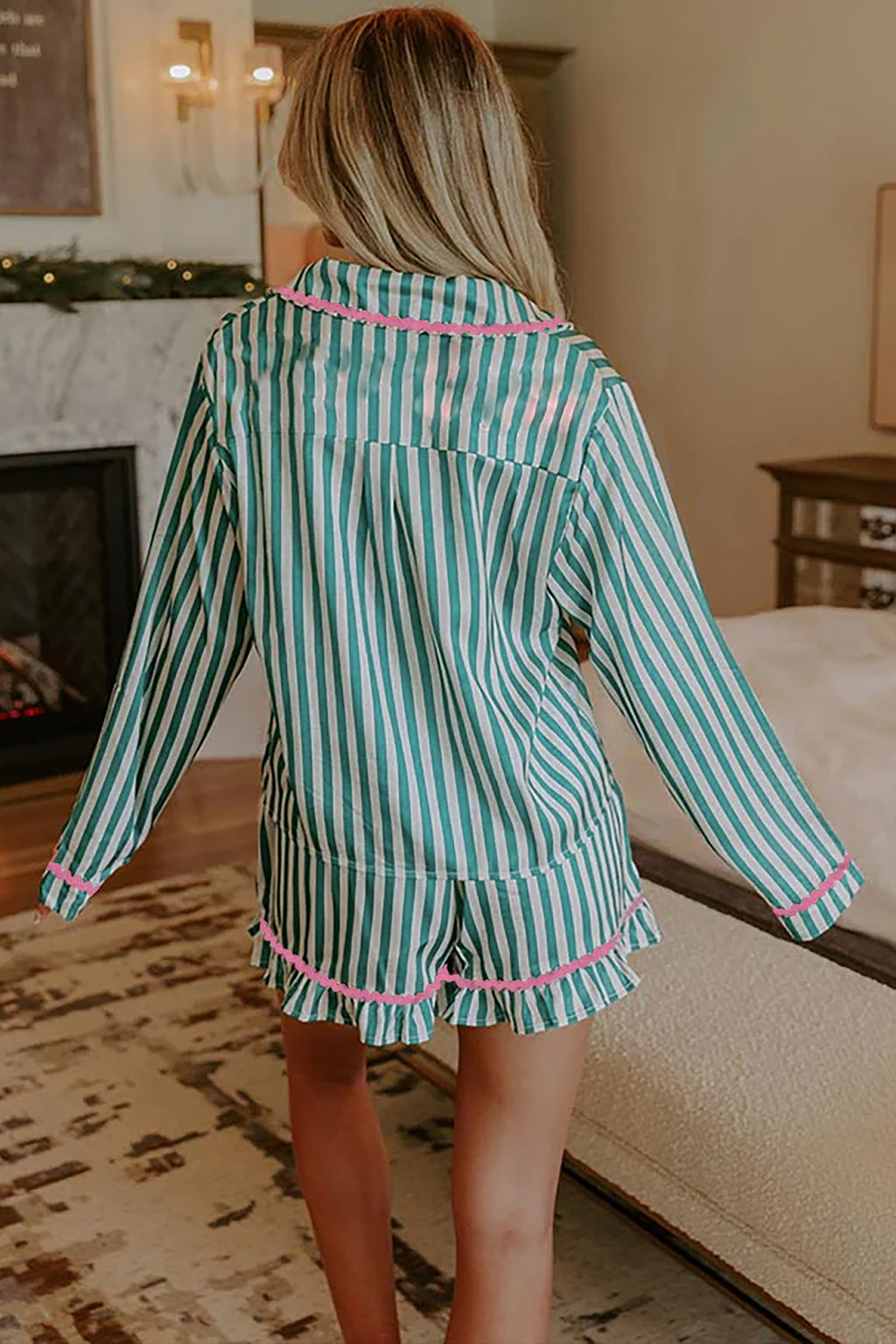 Pink & green stripe 2 piece pajama set