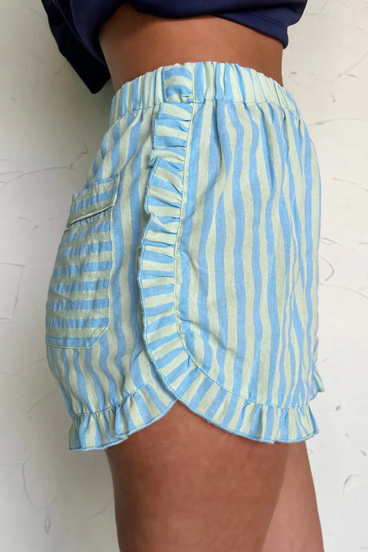 Rose Stripe Elastic Waist Ruffle Trim Casual Shorts