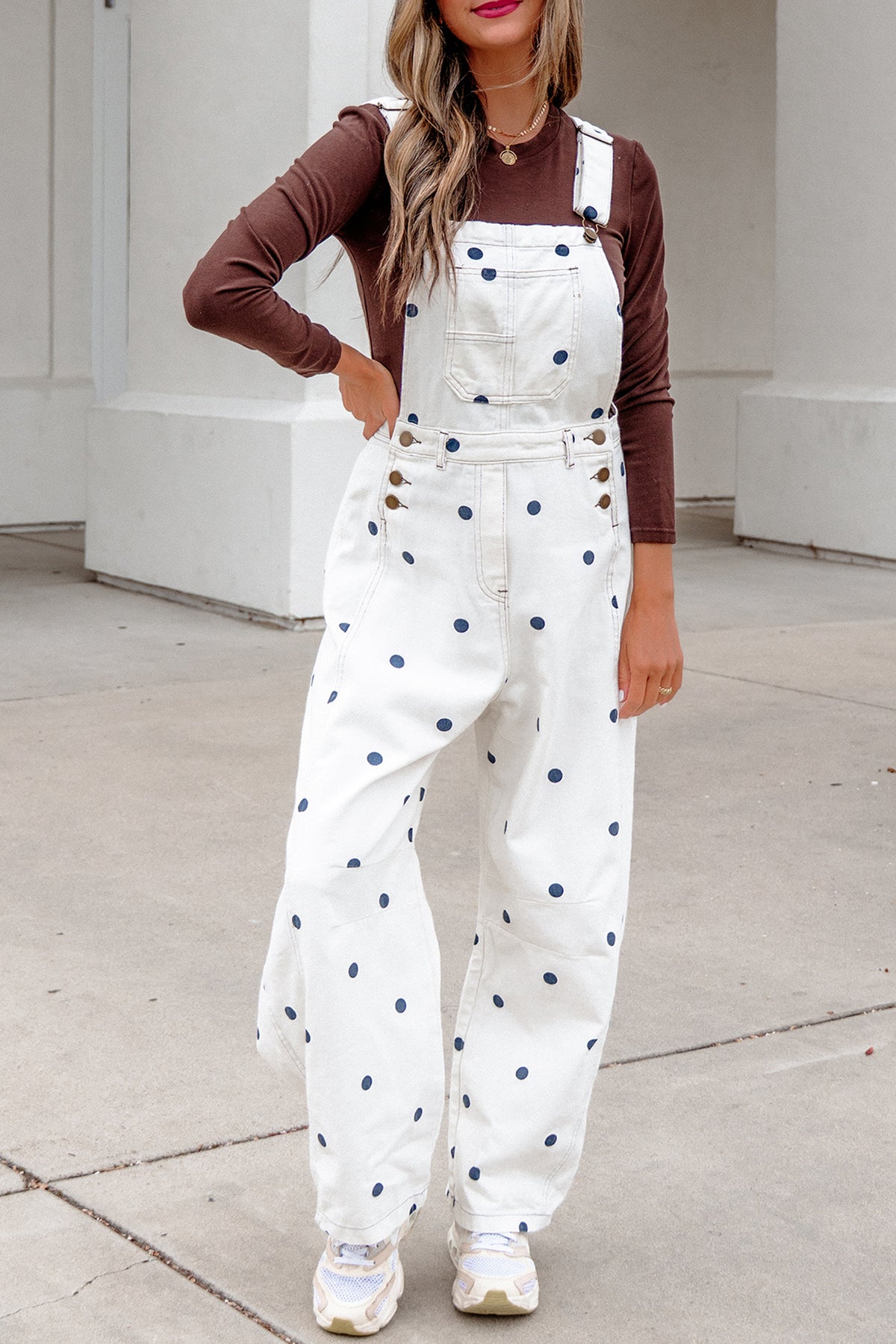 Polka Dot Print Bib Pocket Denim Barrel Overalls Jumpsuit