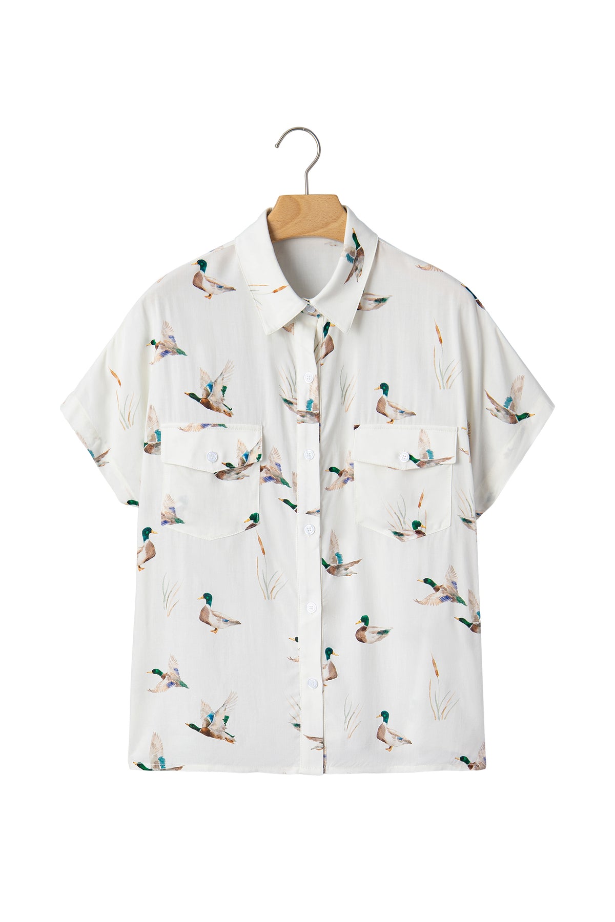 White Mallard Printed Button Flap Pocket Short Sleeve Shirt
