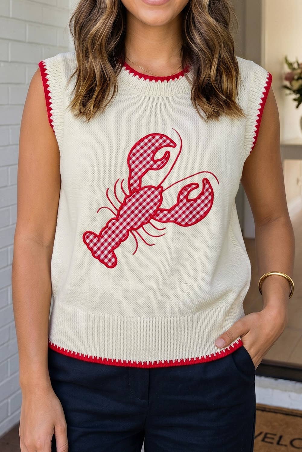 Plaid Crawfish Crew Neck Knit Sweater Vest