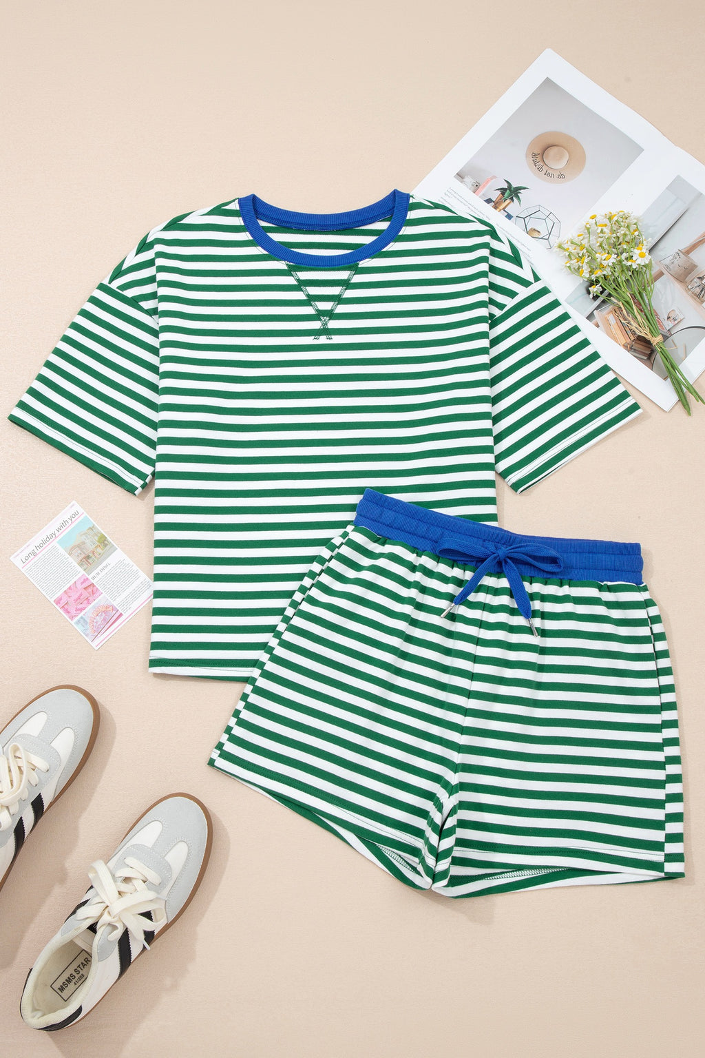 Green and blue stripe shorts set