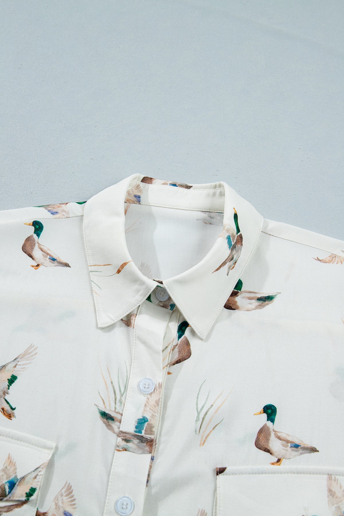 White Mallard Printed Button Flap Pocket Short Sleeve Shirt