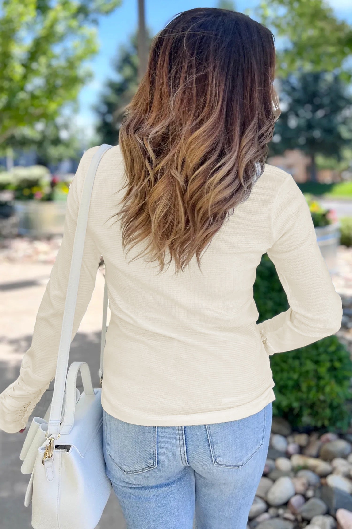 Beige thermal knit lace sleeve top