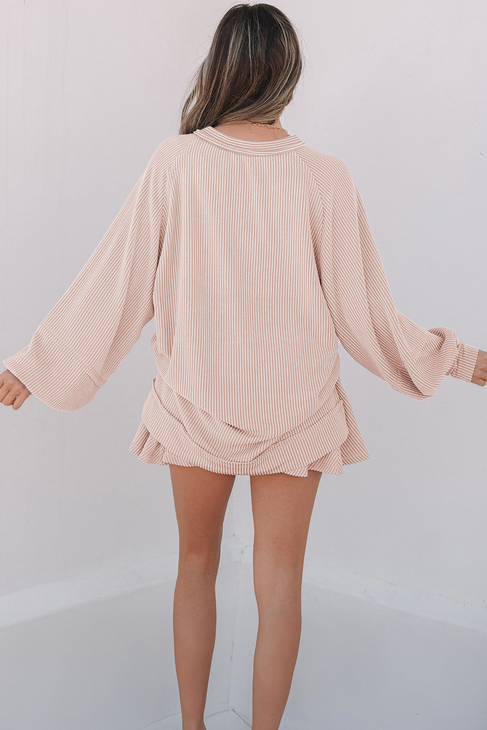 Jet Stream Corded Lantern Sleeve Top High Waist Ruffled Mini Skirt Set