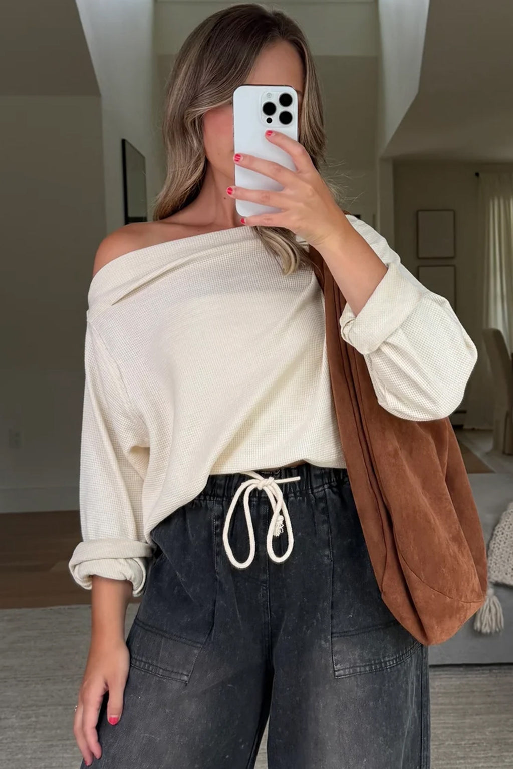 Waffle knit asymmetrical sweater
