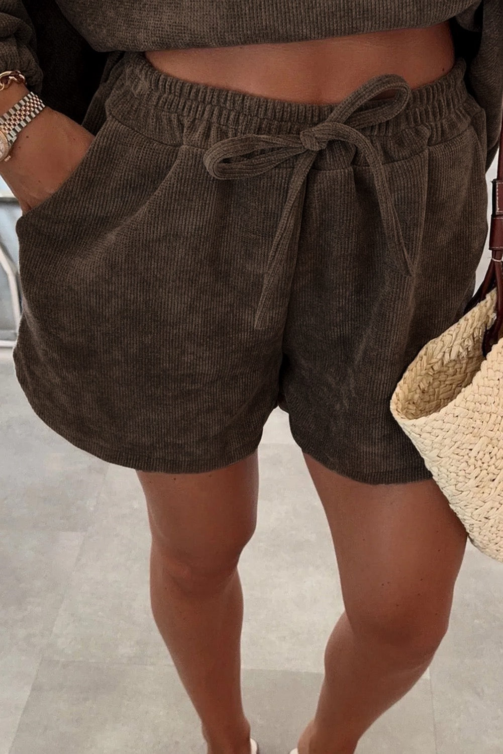 Brown textured knit 2 piece short set
