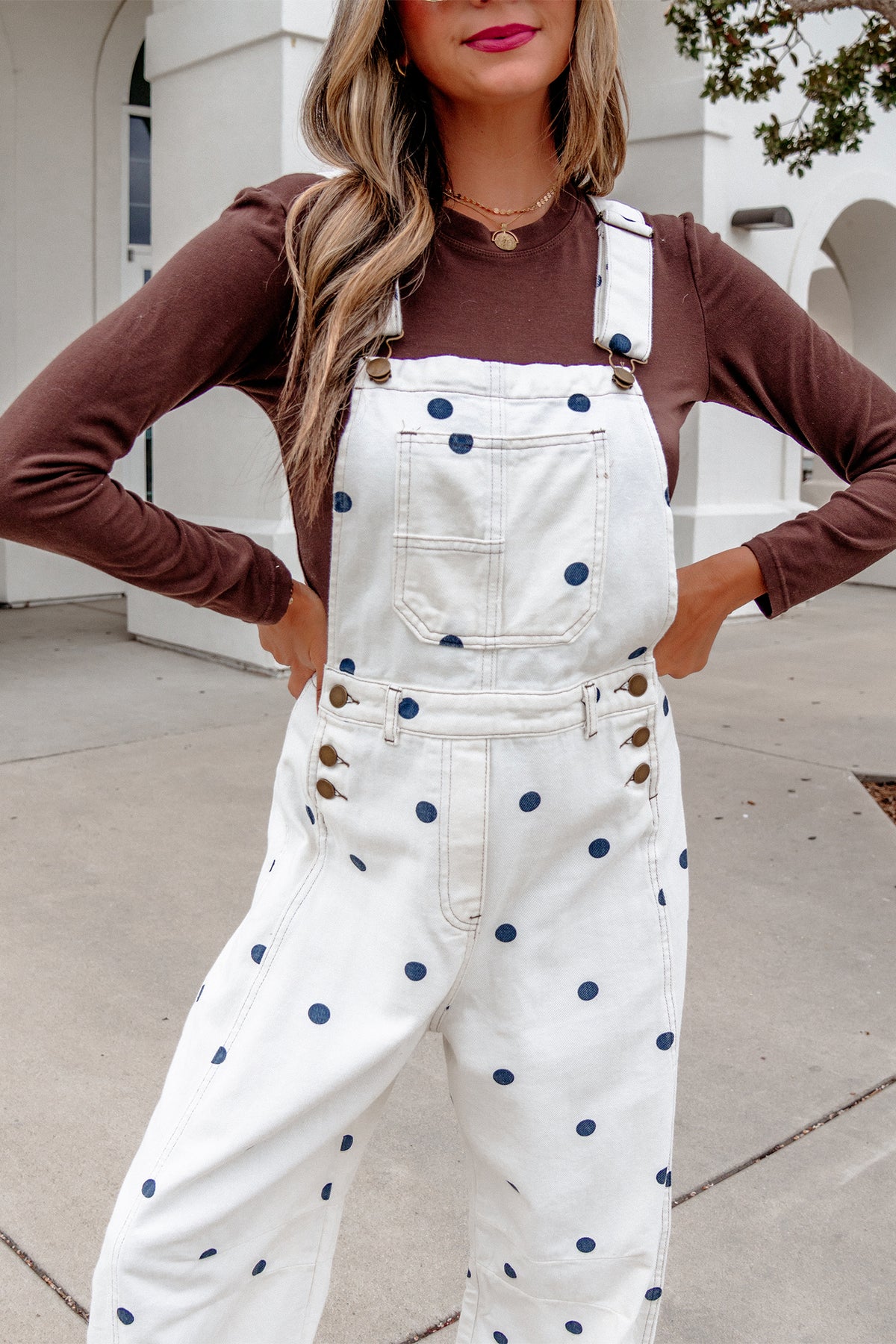 Polka Dot Print Bib Pocket Denim Barrel Overalls Jumpsuit