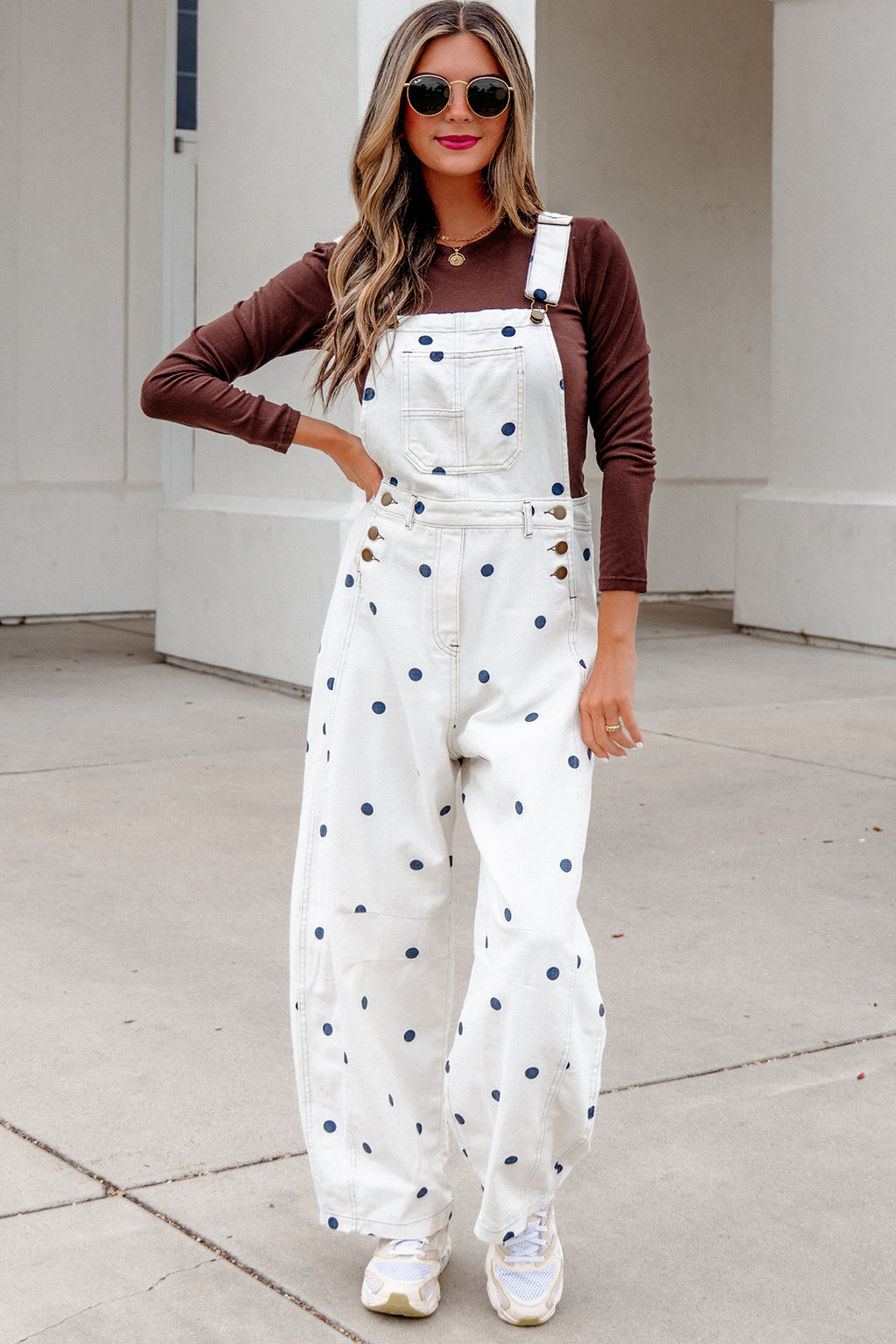 Polka Dot Print Bib Pocket Denim Barrel Overalls Jumpsuit