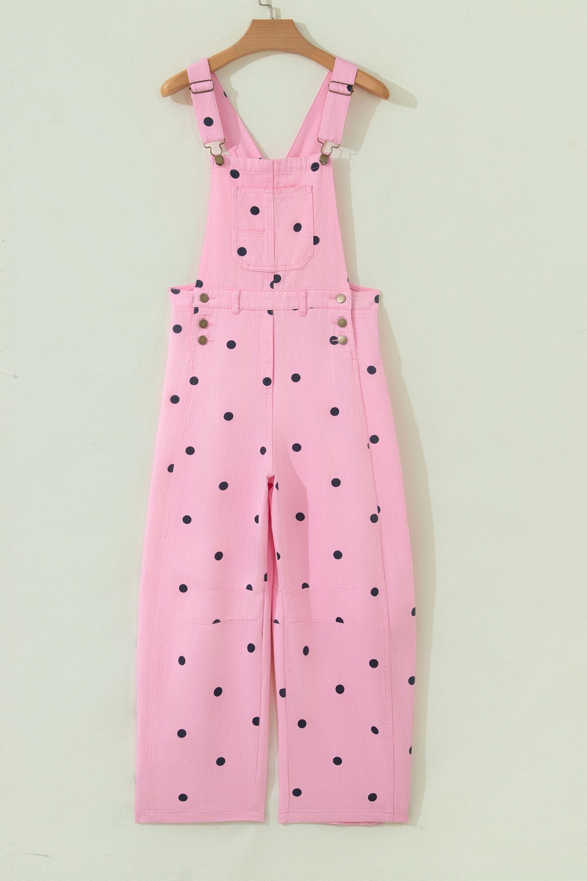 Polka Dot Print Bib Pocket Denim Barrel Overalls Jumpsuit