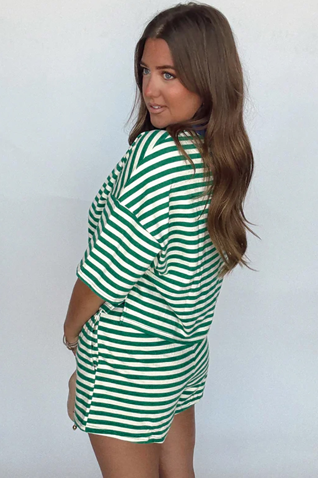 Green and blue stripe shorts set