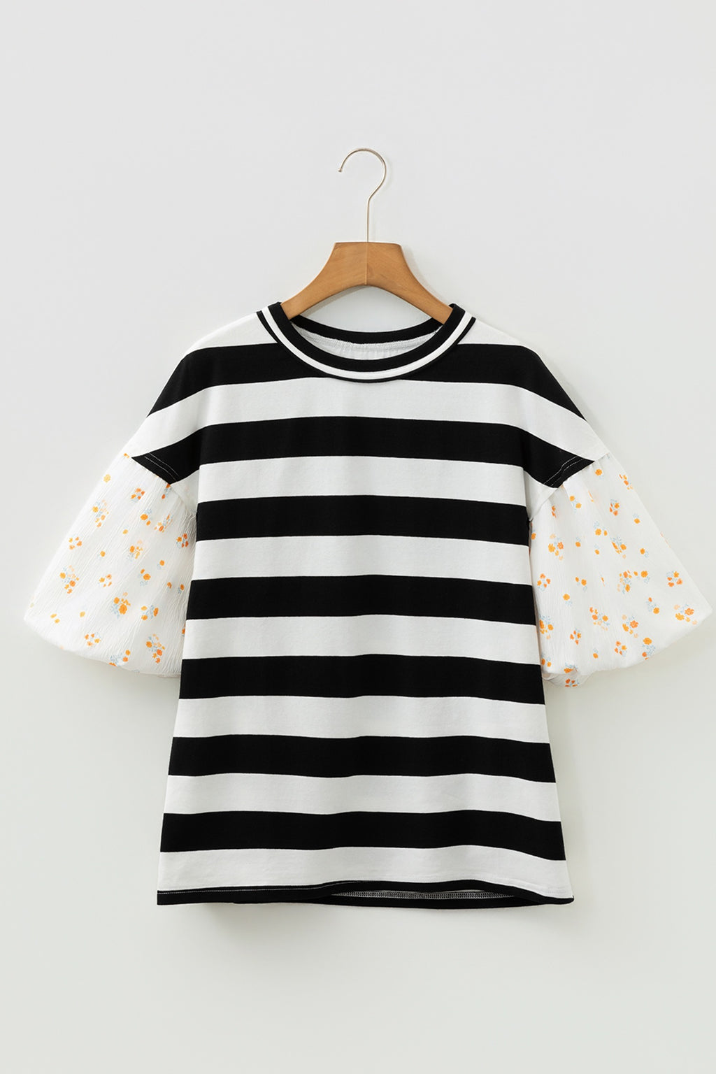 Black stripe floral print puff sleeve top