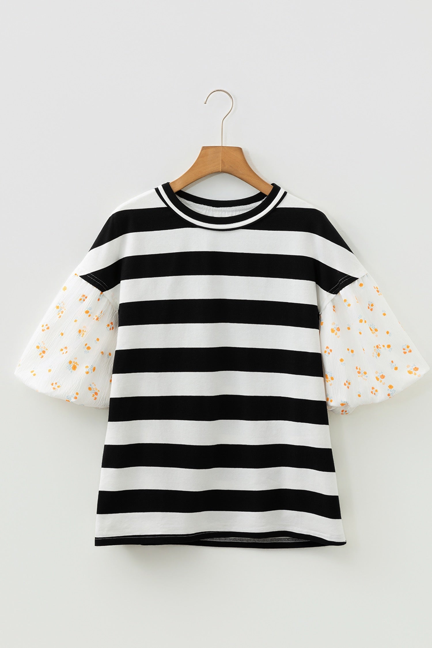 Black stripe floral print puff sleeve top