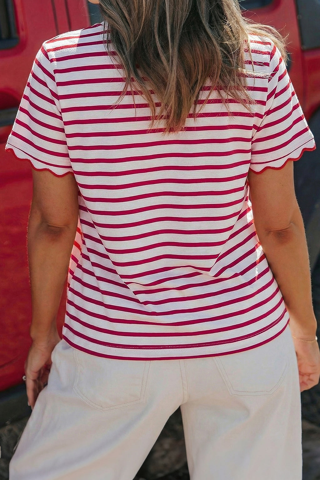 Red & white stripe scallop top