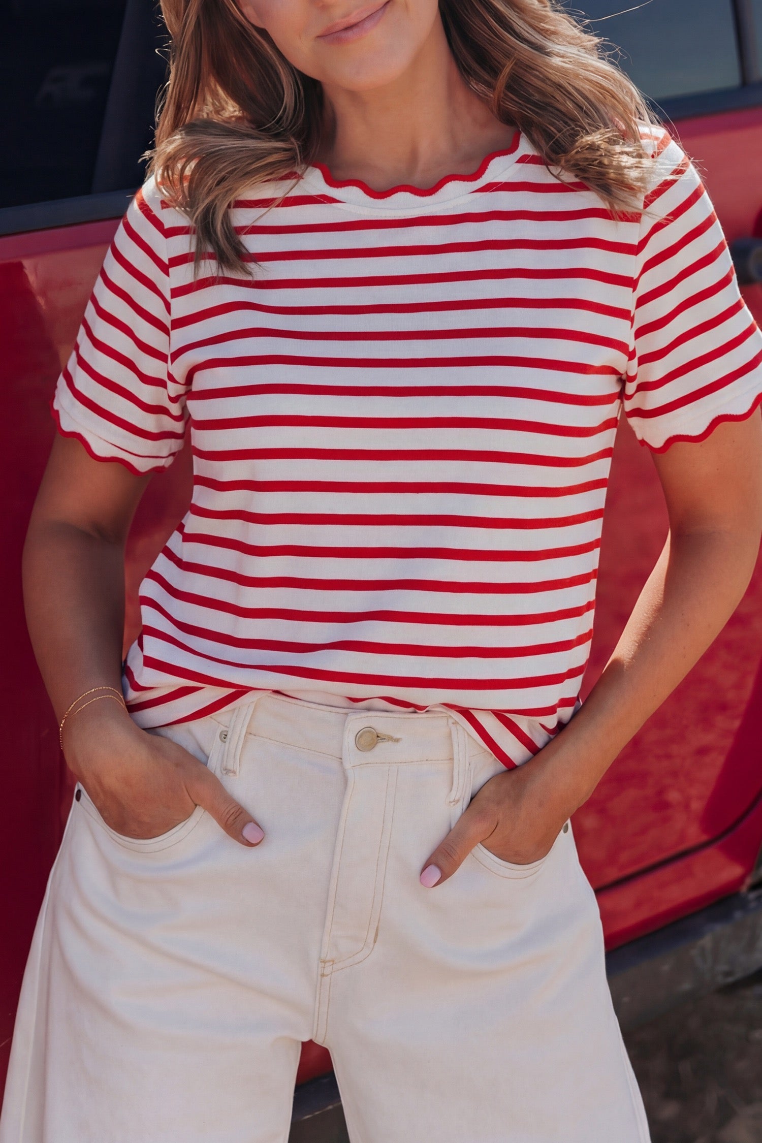 Red & white stripe scallop top