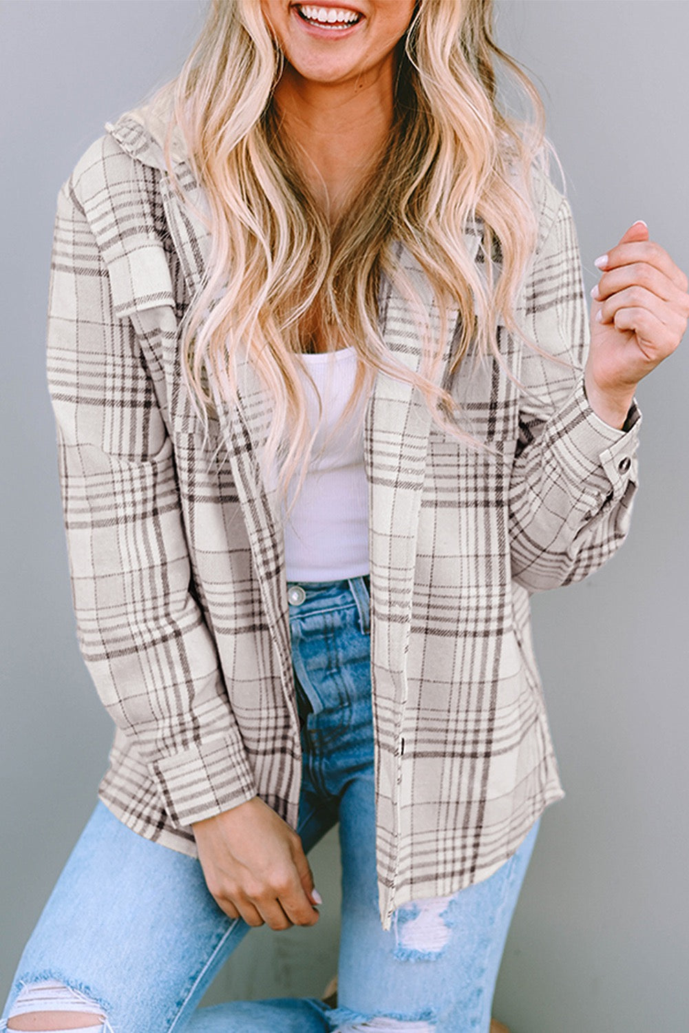 Khaki Plaid Removable Hood Shacket