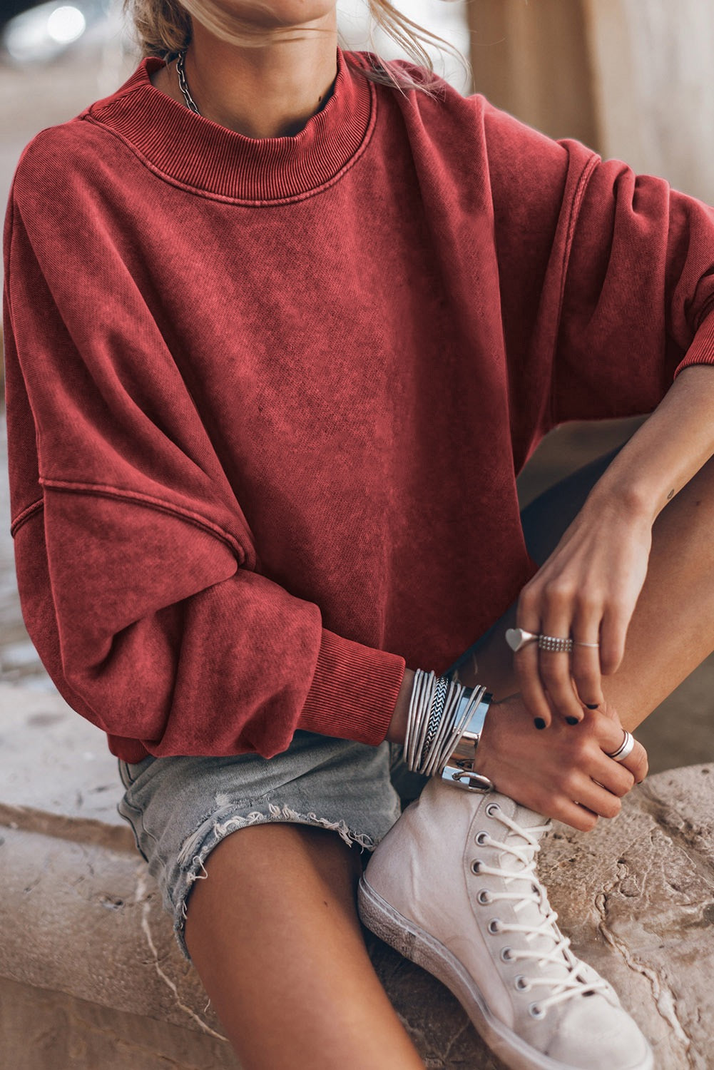 Red Dahlia Drop Shoulder Crewneck Pullover