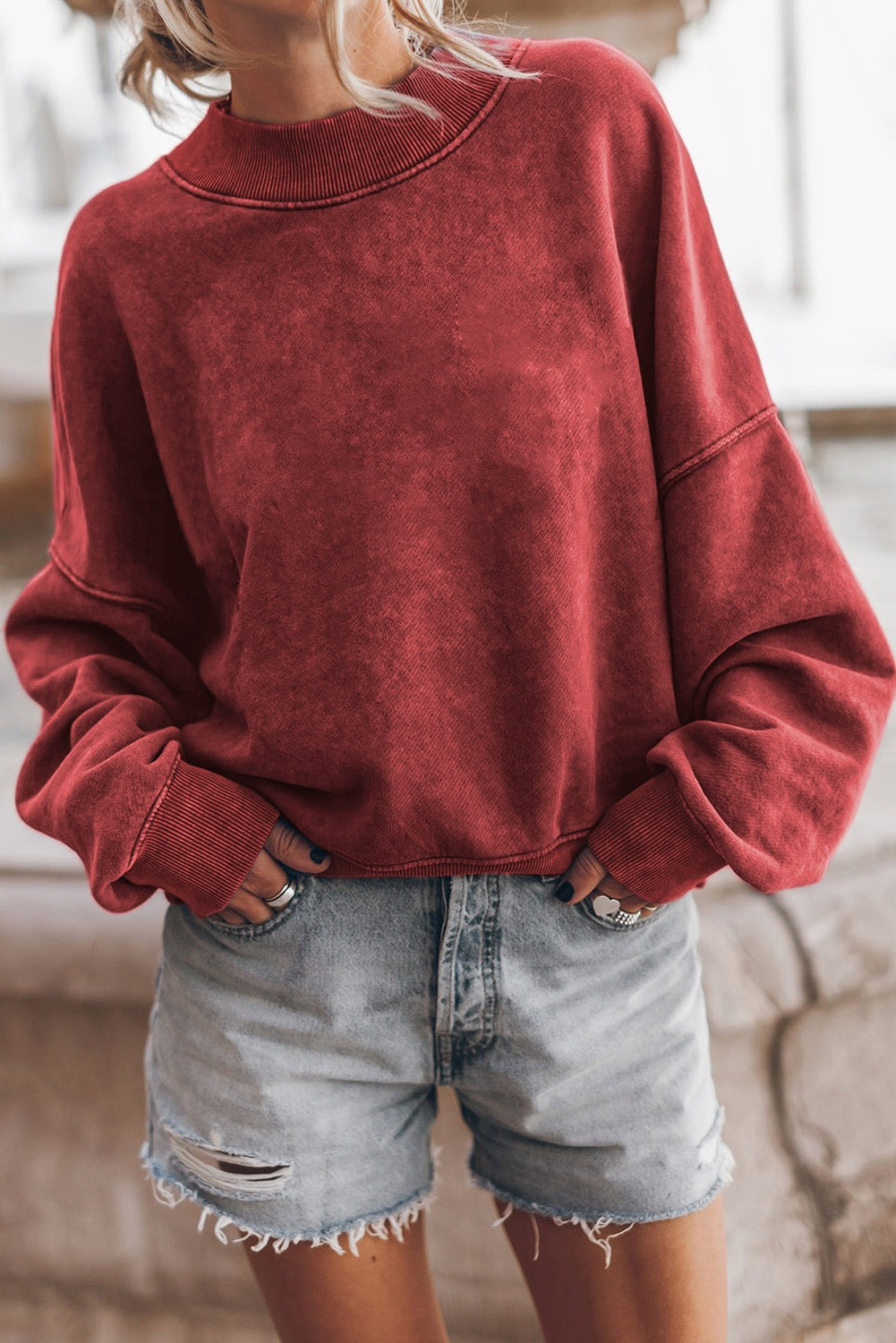 Red Dahlia Drop Shoulder Crewneck Pullover