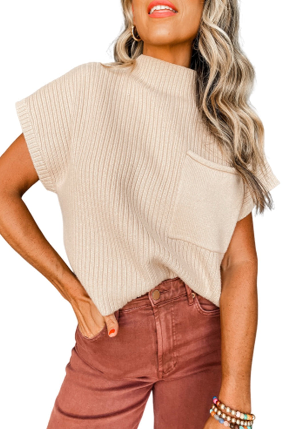 Patch Pocket Ribbed Knit Sweater