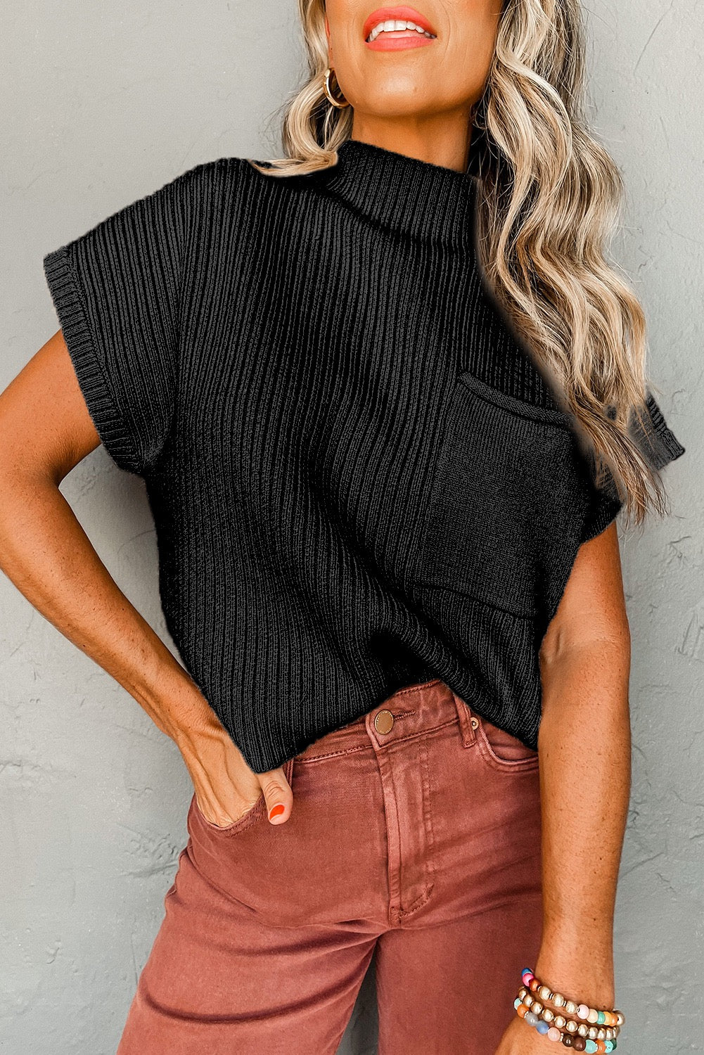 Patch Pocket Ribbed Knit Sweater