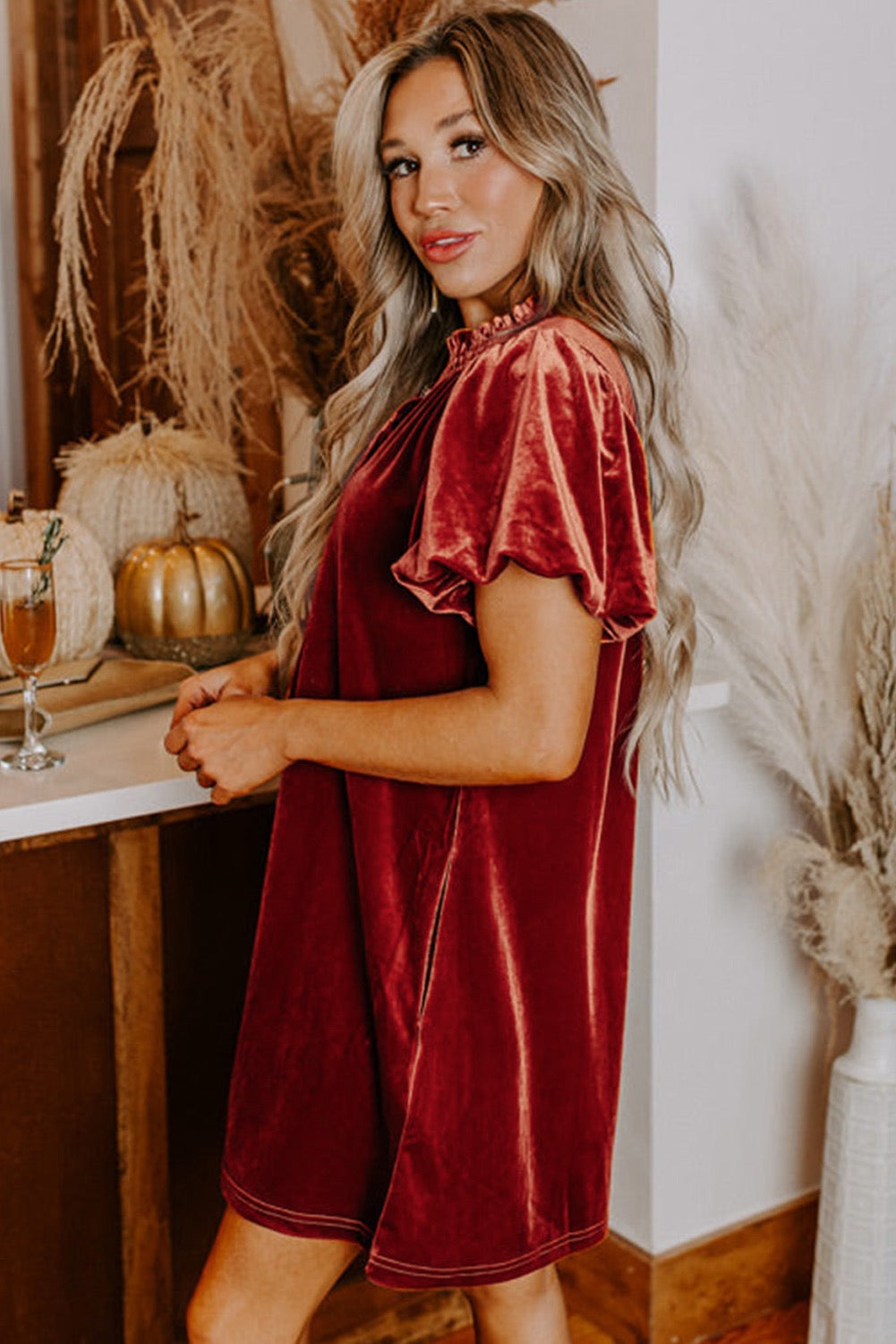 Cinnamon Velvet Puff Sleeve Mini Dress