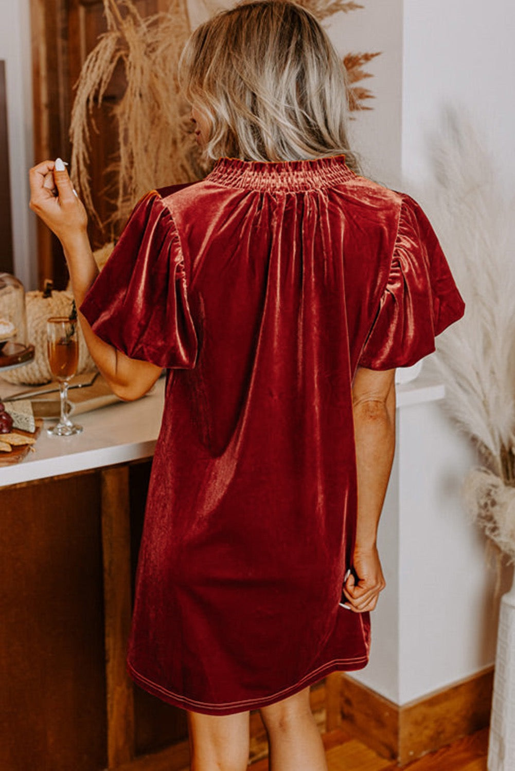 Cinnamon Velvet Puff Sleeve Mini Dress