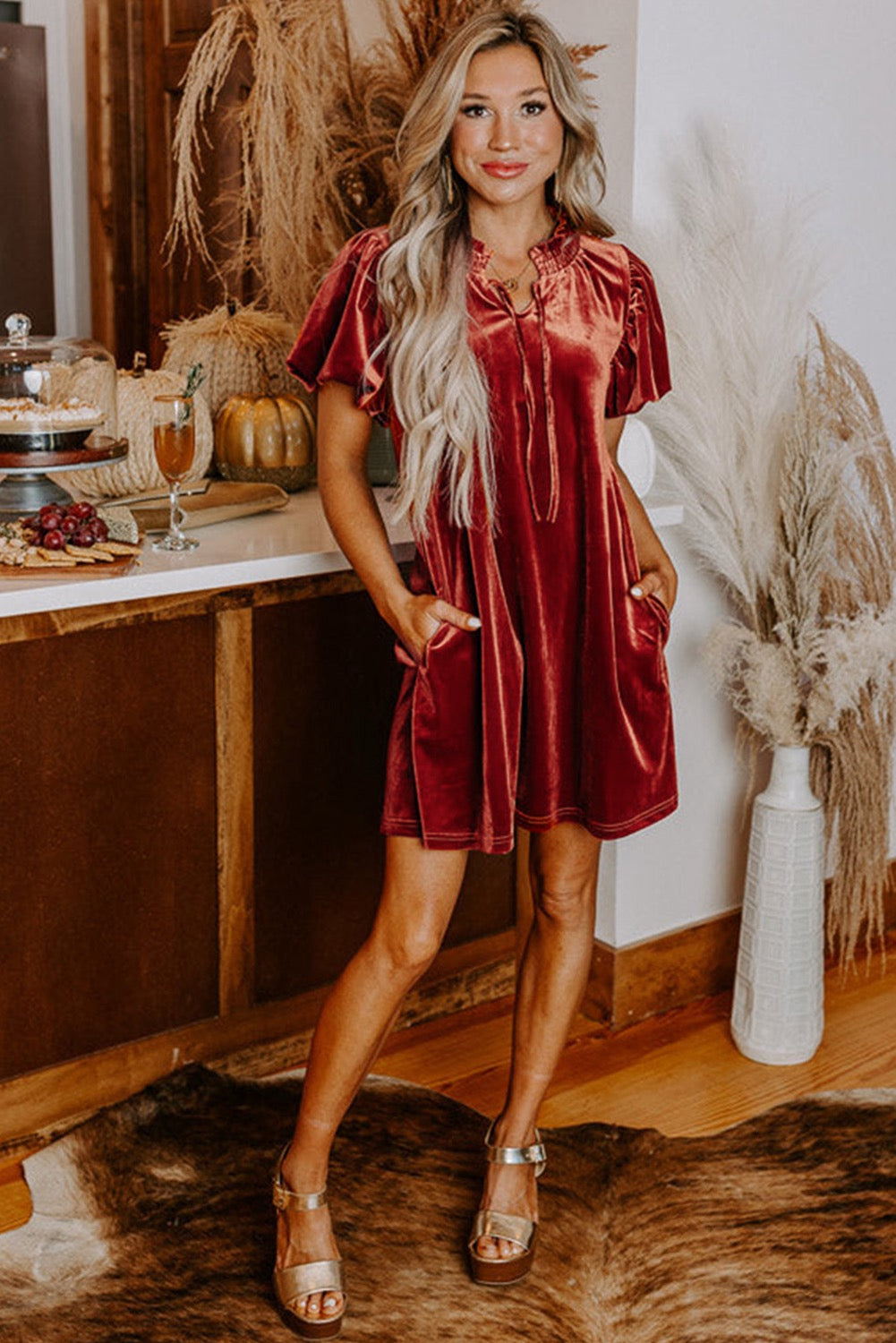 Cinnamon Velvet Puff Sleeve Mini Dress