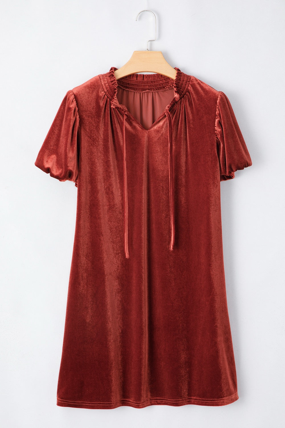 Cinnamon Velvet Puff Sleeve Mini Dress