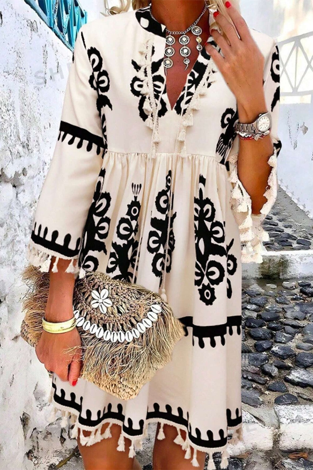 Print Tasseled V-Neck Mini Dress