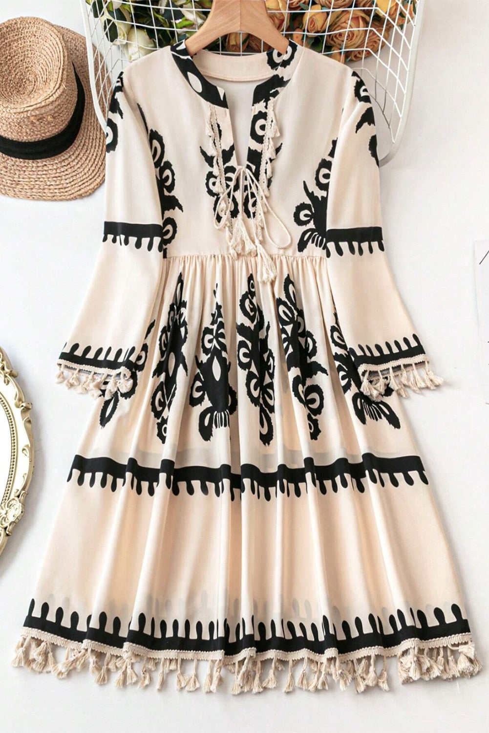 Print Tasseled V-Neck Mini Dress