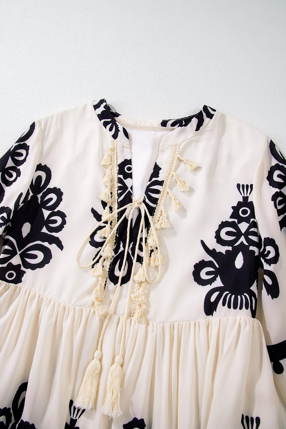 Print Tasseled V-Neck Mini Dress