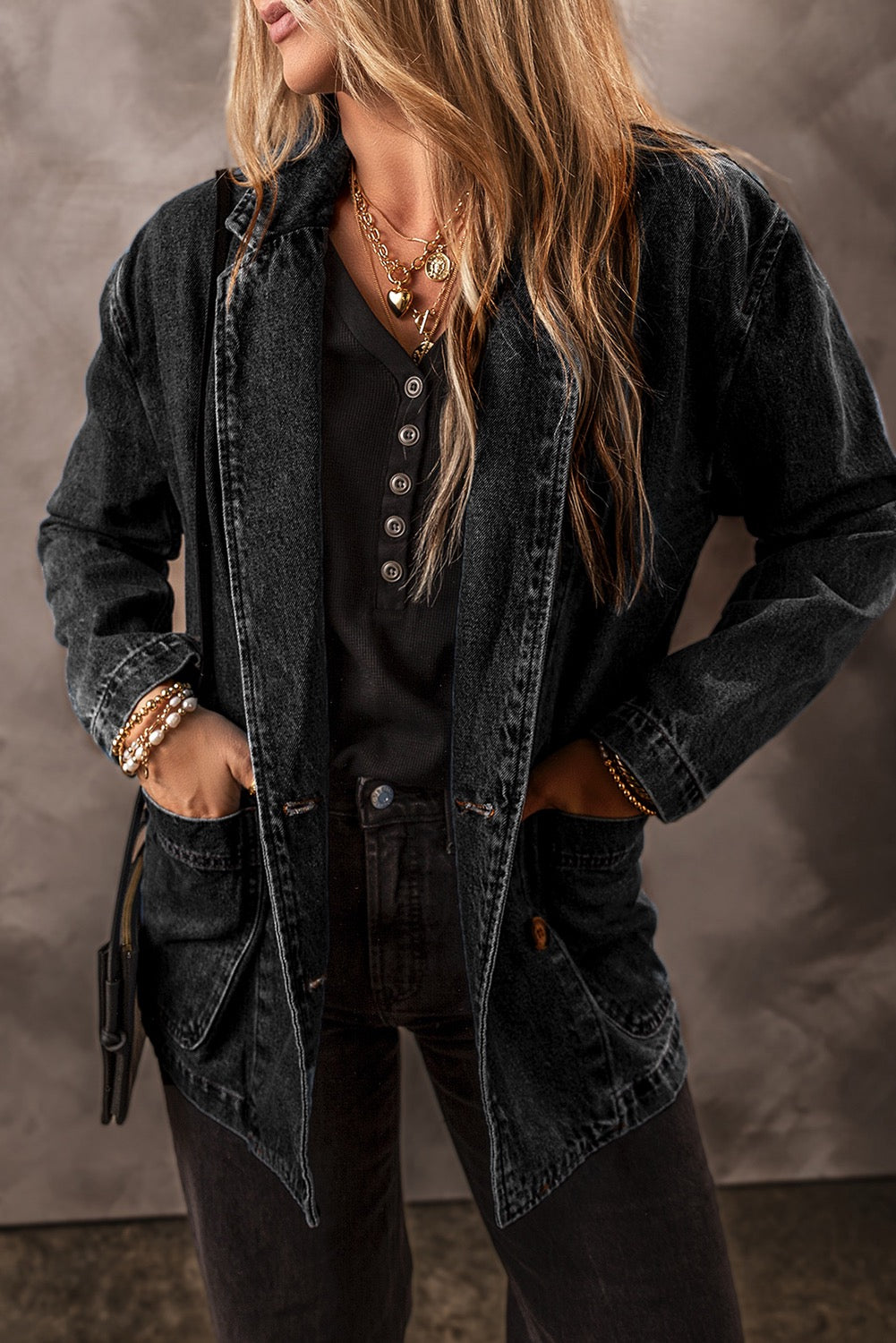 Side Pocket Lapel Collar Demin Jacket