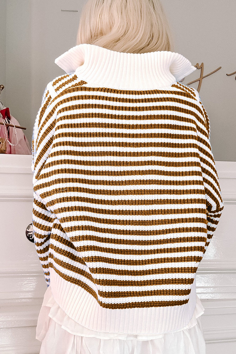 Stripe Zip-Up Drop Shoulder Sweater