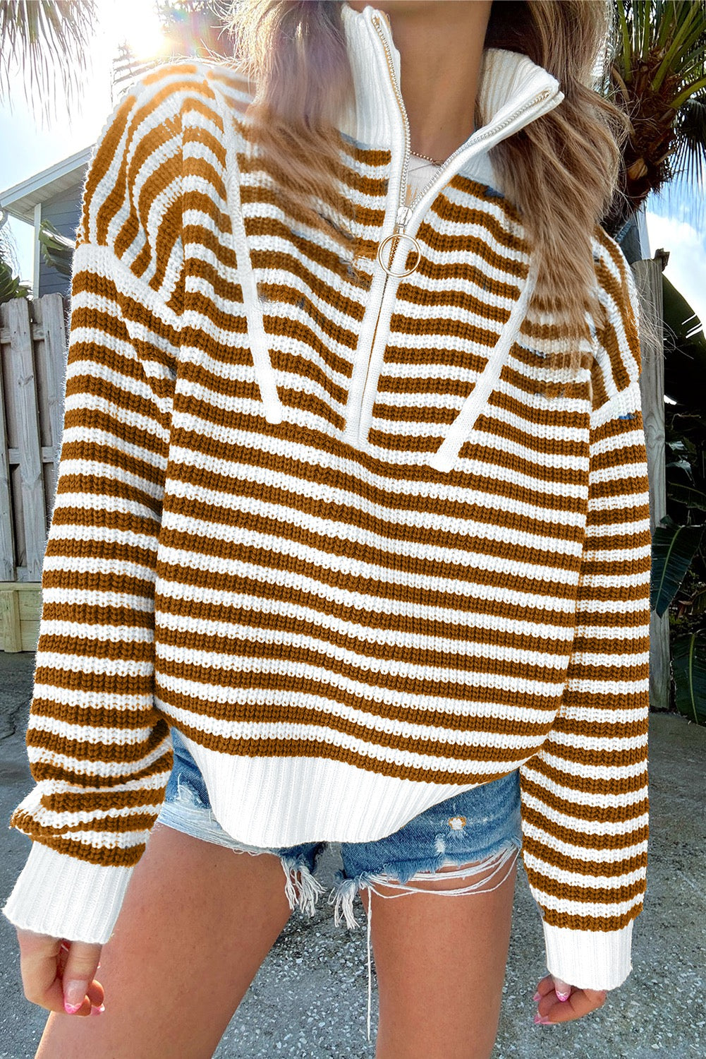 Stripe Zip-Up Drop Shoulder Sweater