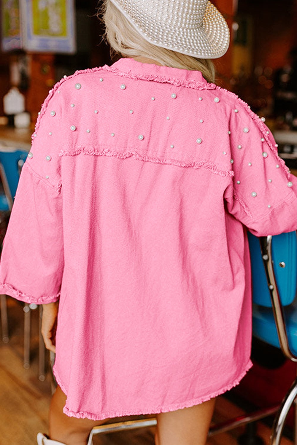 Pearl Beaded Raw Hem Demin Jacket
