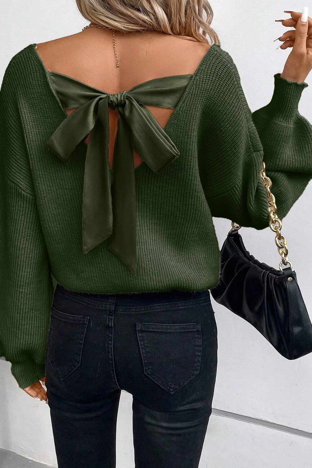 Lantern Sleeve V-Neck Bow Back Sweater