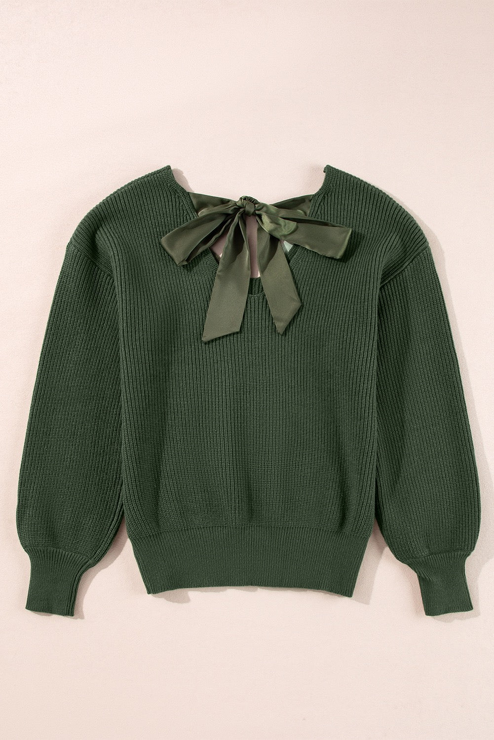 Lantern Sleeve V-Neck Bow Back Sweater