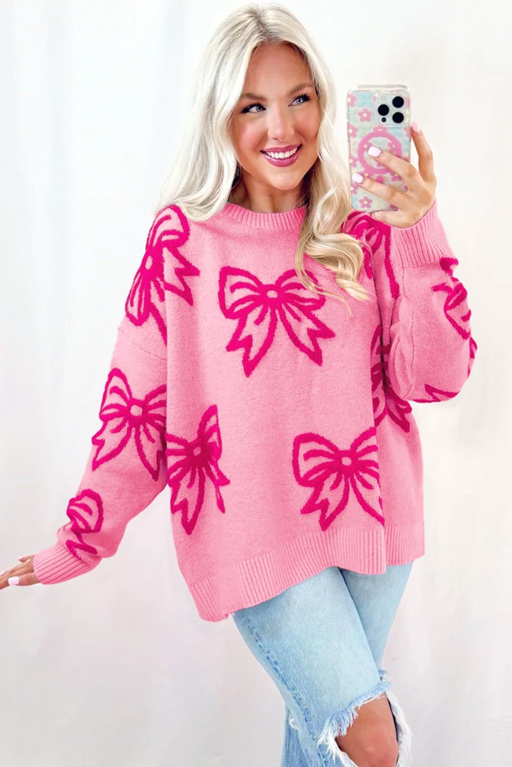 Bow Pattern Drop Shoulder Sweater