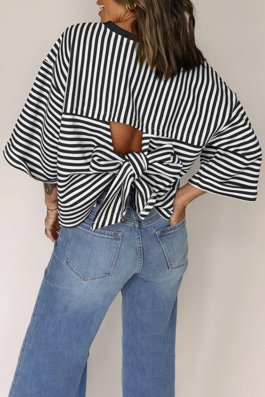 Striped Bowknot Drop Shoulder Top