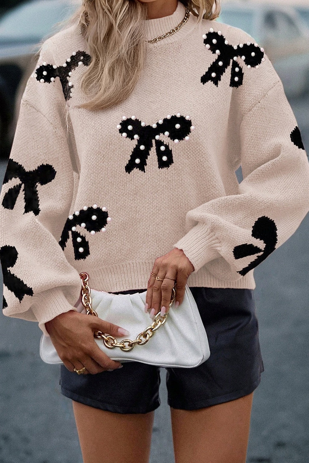 Pearl Embellished Bow Sweater