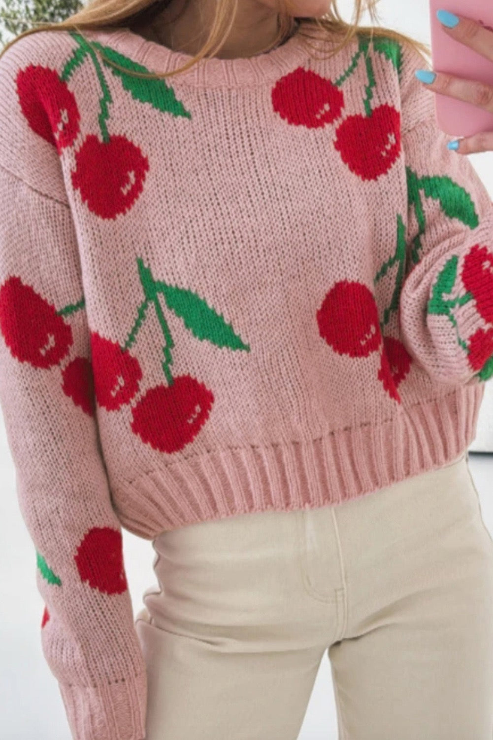 Cherry Print Loose Cropped Sweater