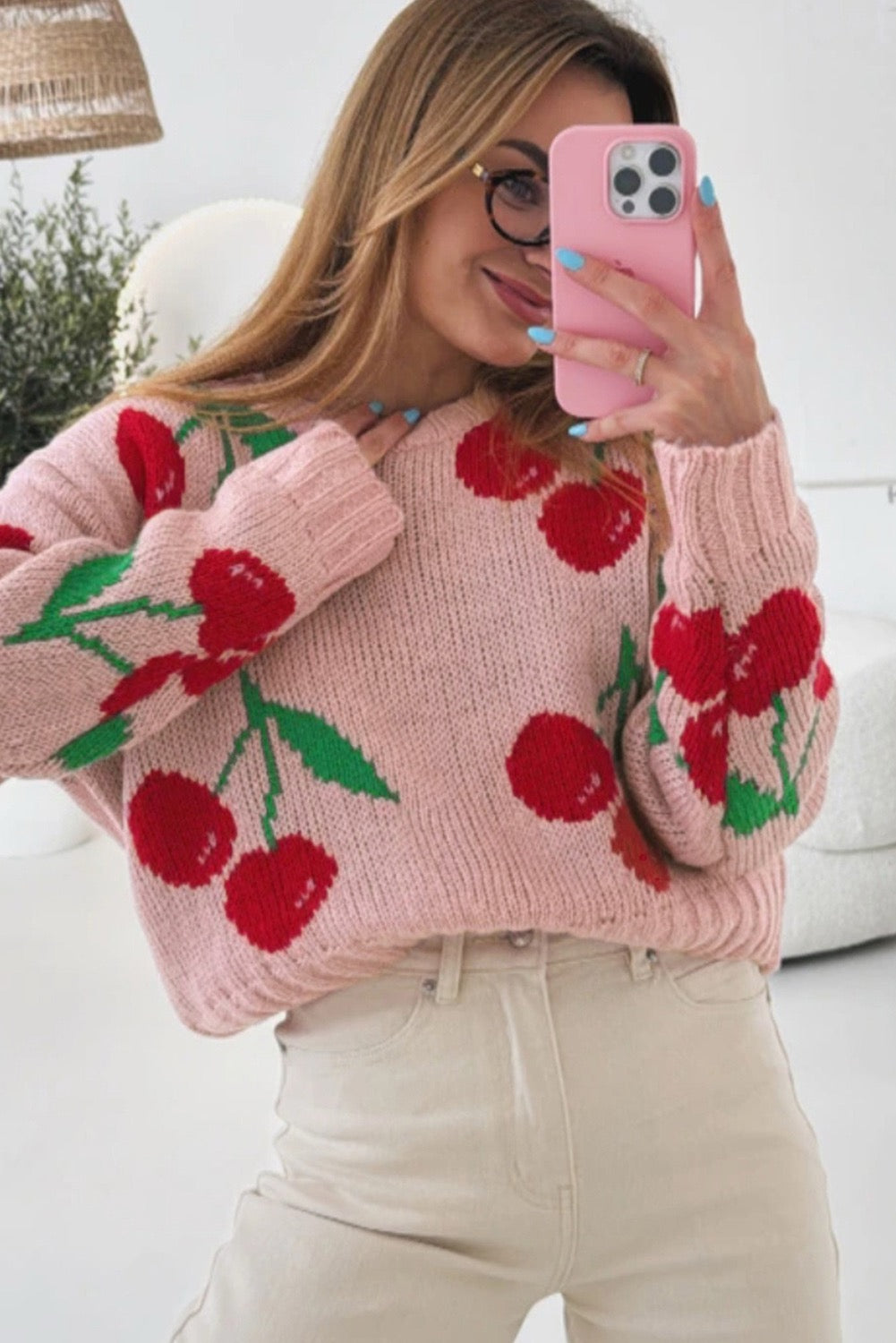 Cherry Print Loose Cropped Sweater