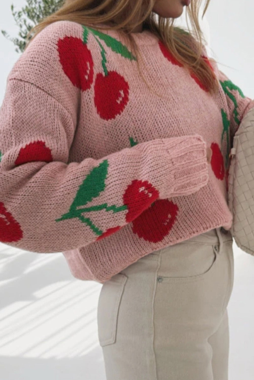Cherry Print Loose Cropped Sweater