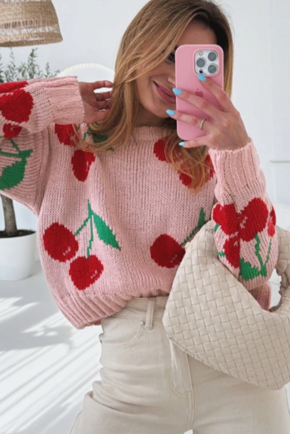 Cherry Print Loose Cropped Sweater